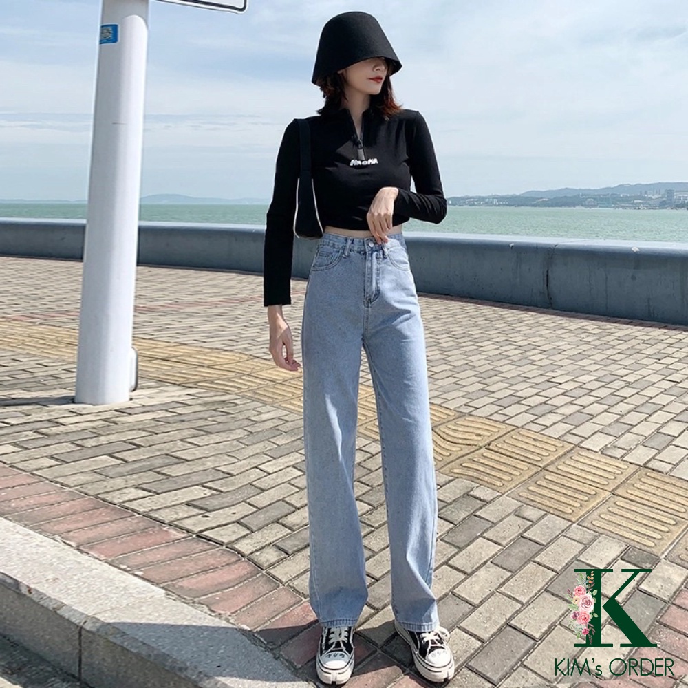 Quần Jean Nữ Ống Đứng Màu Xanh Nhạt Trơn Phom Suông Dài Lưng Cao Ulzzang Đi Học Đi Chơi Đi Làm Đơn Giản Năng Động