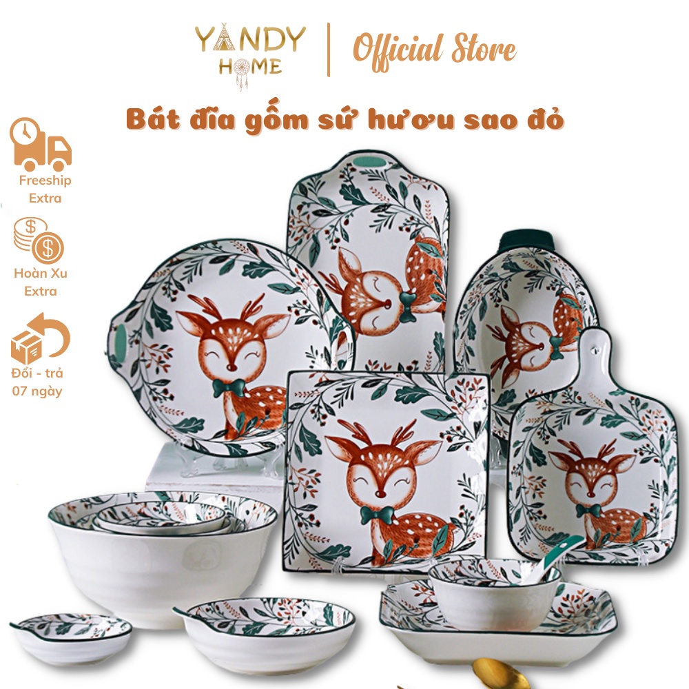 Bát đĩa tô chén gốm sứ YANDY HOME BB03 họa tiết hươu sao 18 món men bóng