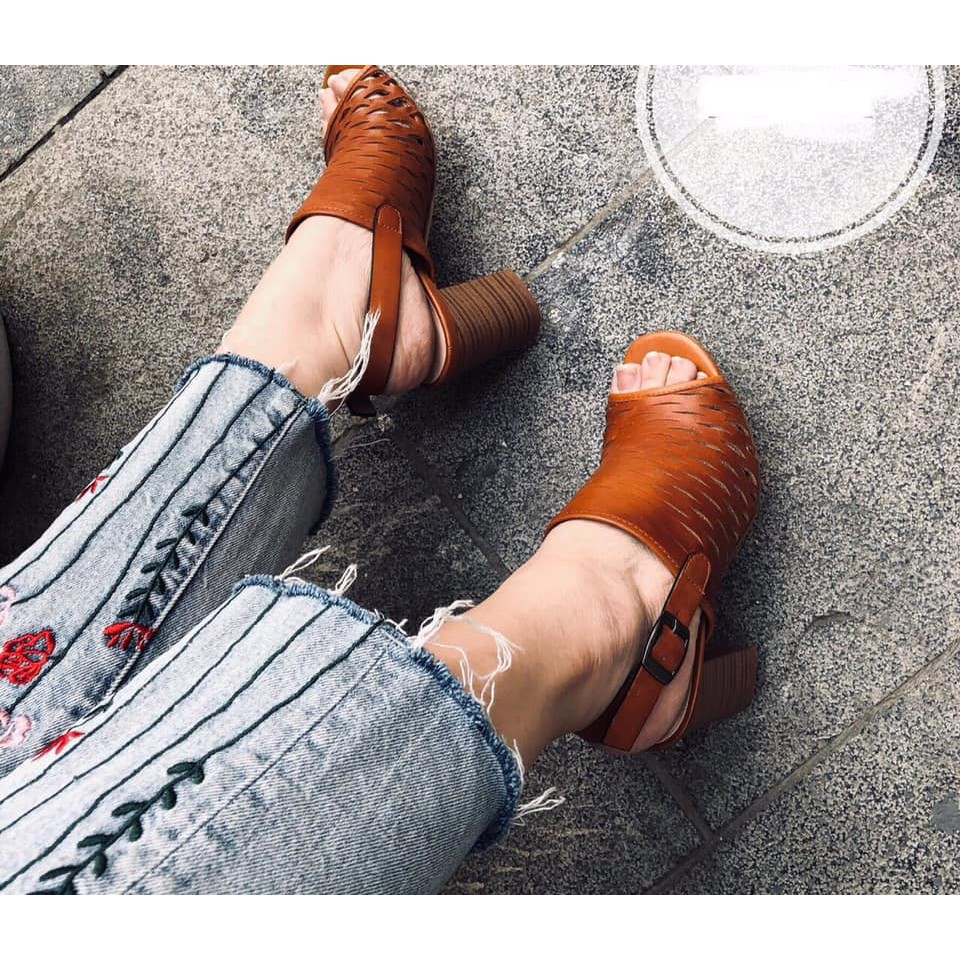 Xăng Đan Nữ Da Thật Gót Trụ Cao 7cm VNXK