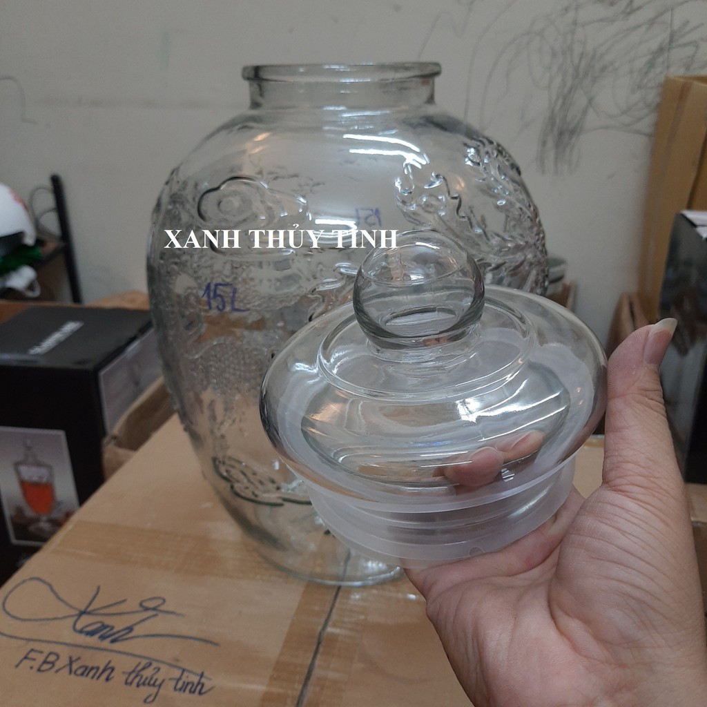 Chum thủy tinh họa tiết rồng phượng, dày dặn - Dung tích - 15 lít