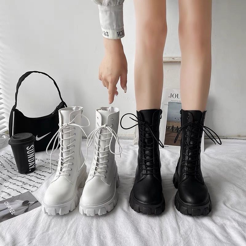 Giày Bốt Nữ Kéo Khoá Đan Dây Đế Răng Cưa