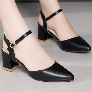 Giày cao gót thời trang mũi nhọn phối dây hở gót cao 5cm màu đen size lớn 40 41 42 43 44