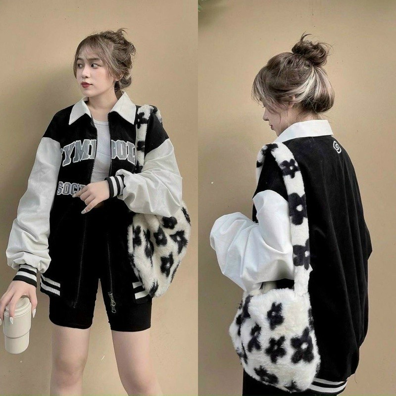 Áo Khoác Nhung 2 Lớp Lót Dù Cổ Bẻ Thêu Chữ Sịn Sò Form Rộng Mặc Thoáng Mát NEW UNISEX