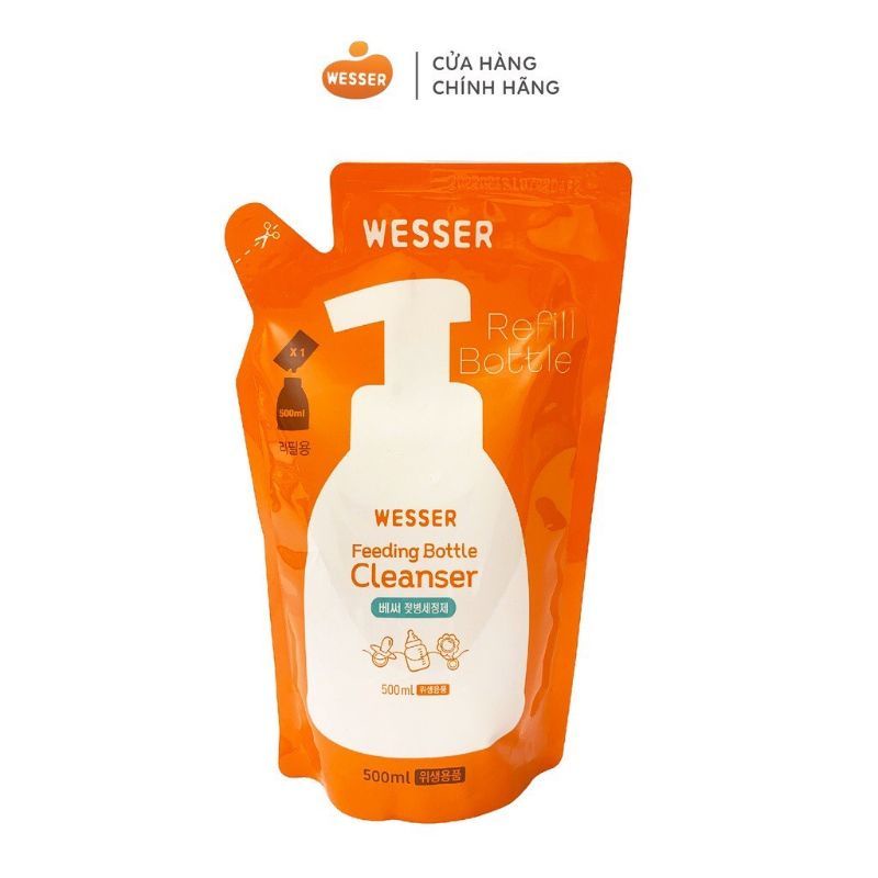 (Made in Korea) Nước Rửa Bình Sữa Kháng Khuẩn 500ML + Dụng cụ vệ sinh cọ rửa bình sữa 360 độ Wesser (Made in Vietnam)