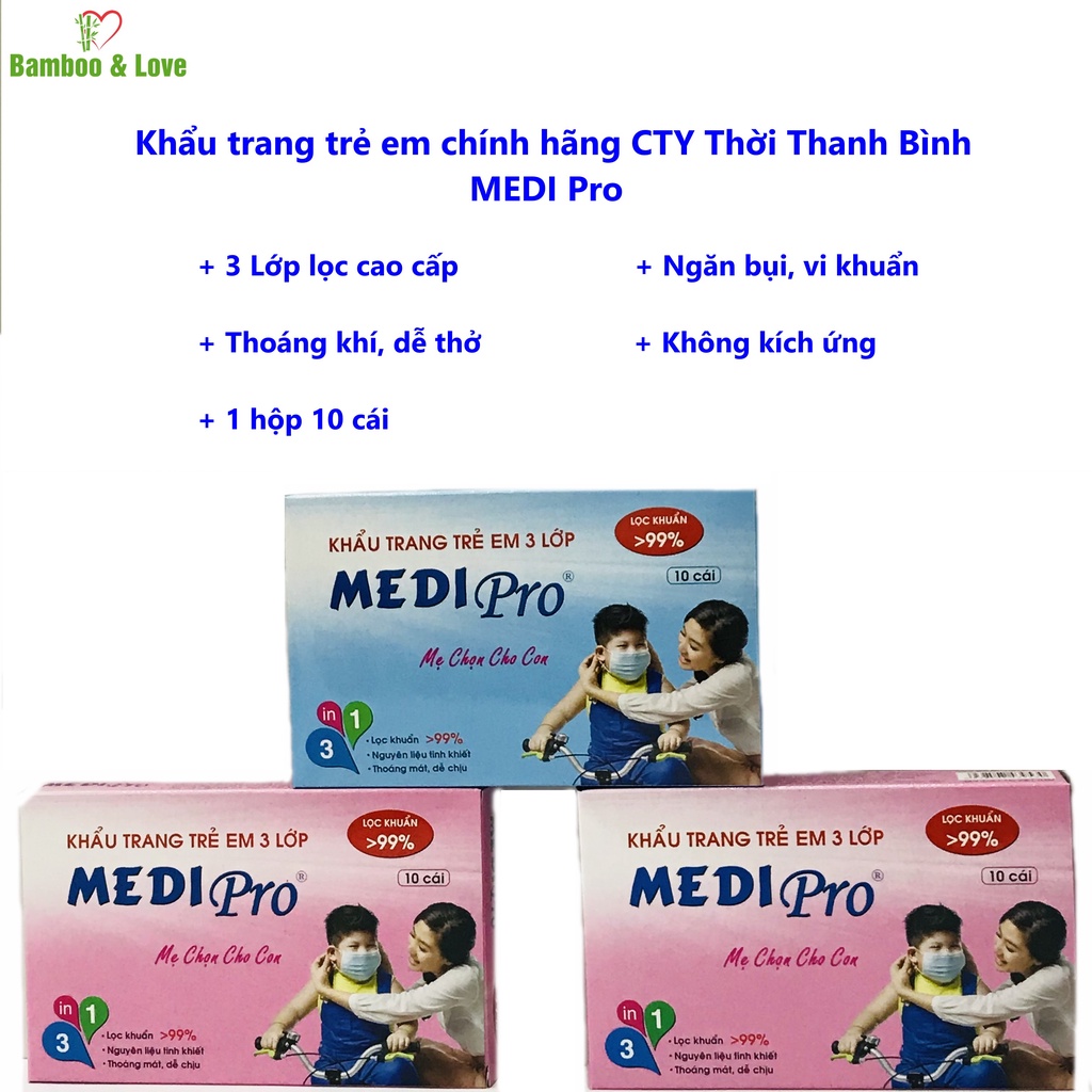 Khẩu trang y tế cao cấp Medi Pro 3 lớp cho trẻ em  - chính hãng cty Thời Thanh Bình (hộp 10 cái)