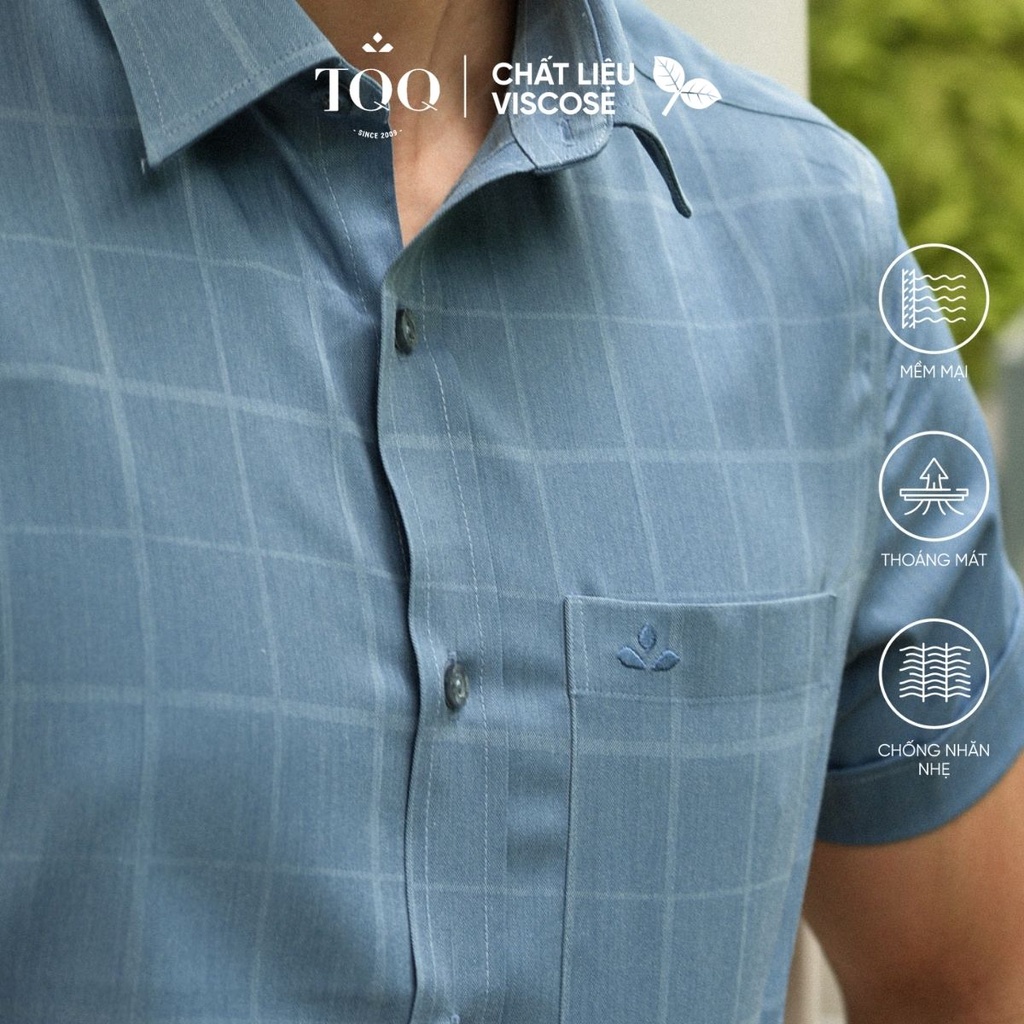 Áo sơ mi nam ngắn tay TQQ dáng Slimfit công sở K460CB vạt bằng có túi ngực chất liệu Viscose không nhăn co dãn nhẹ