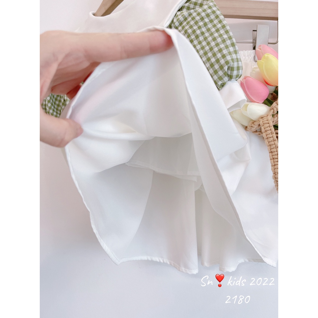 Sét váy vintage cho bé gái, set áo caro xanh 2 hàng cúc kèm chân váy xòe trắng cho bé size 12-35kg