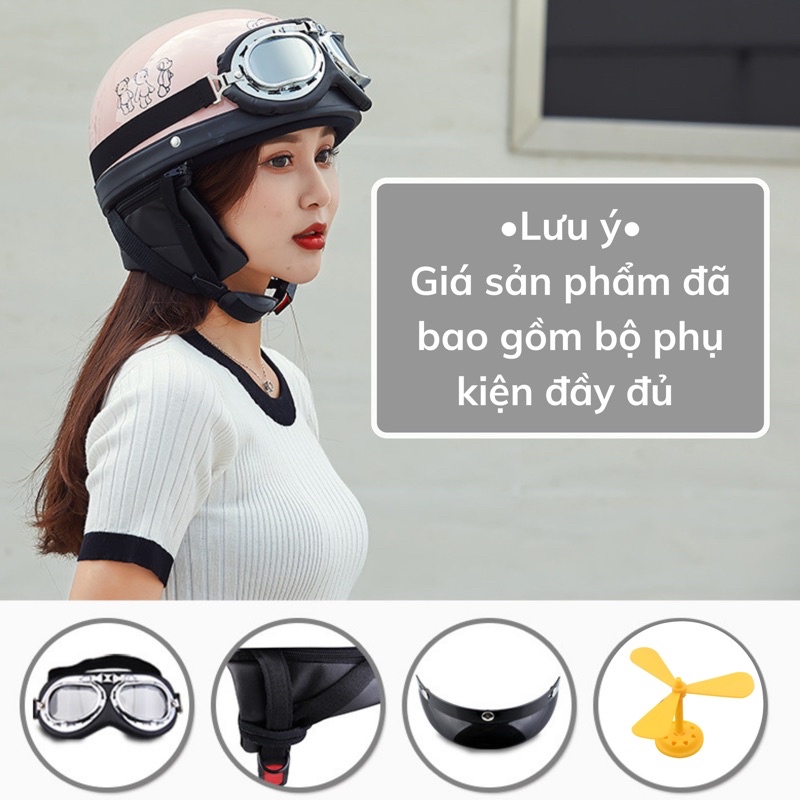 Mũ Bảo Hiểm Nửa Đầu Hoạ Tiết Dễ Thương Unisex Tặng Kèm Phụ Kiện, Chong Chóng, Nón Bảo Hiểm Đẹp