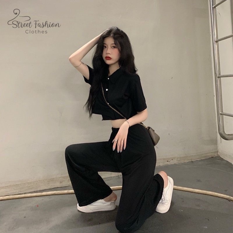 Set áo polo croptop mix quần suông ống rộng phong cách ulzzang