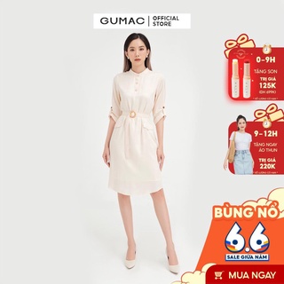 Đầm suông nữ cổ trụ phối đai GUMAC màu kem thiết kế thanh lịch DB5120
