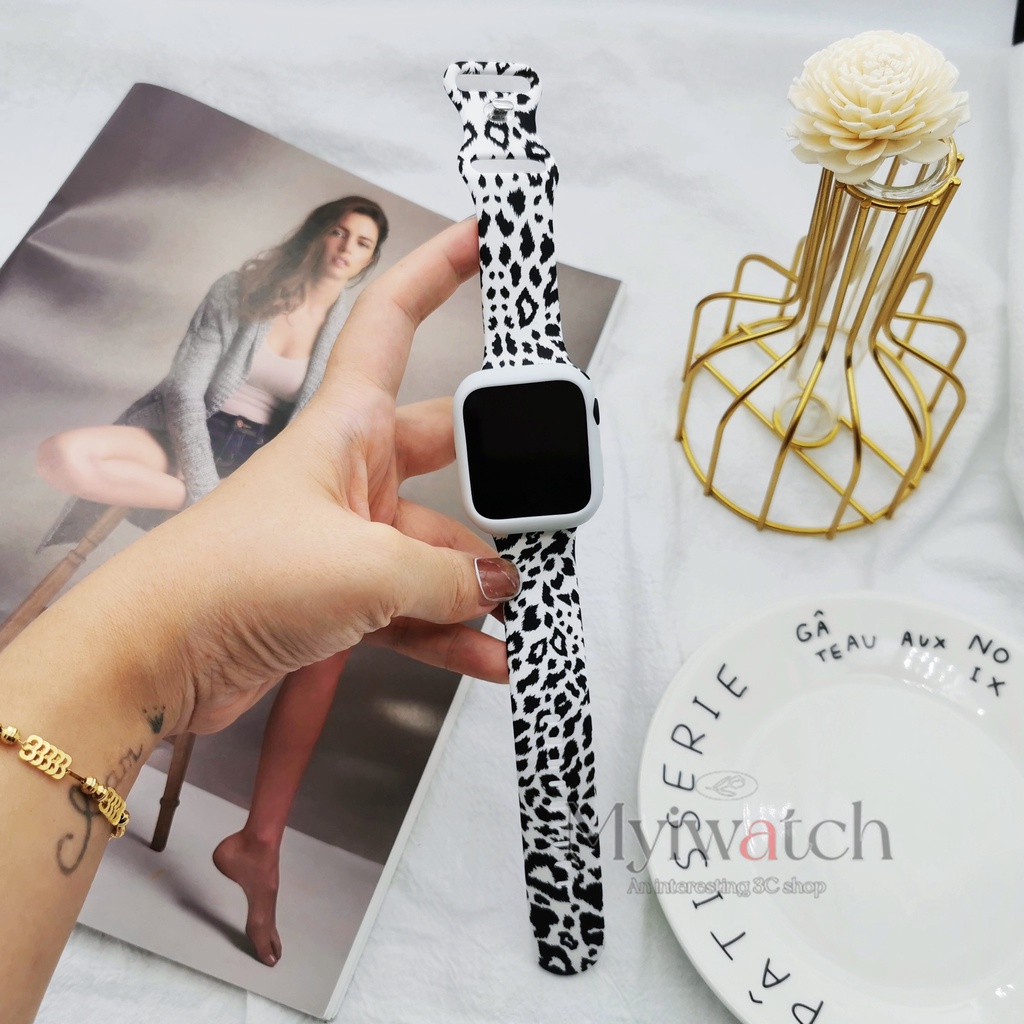Dây đeo silicon mềm họa tiết da báo cho đồng hồ Apple 38mm 40mm 42mm 44mm 41mm 45mm Apple iwatch series 7 6 SE 5 4 3 2 1 T500 plus hw22 W46 6