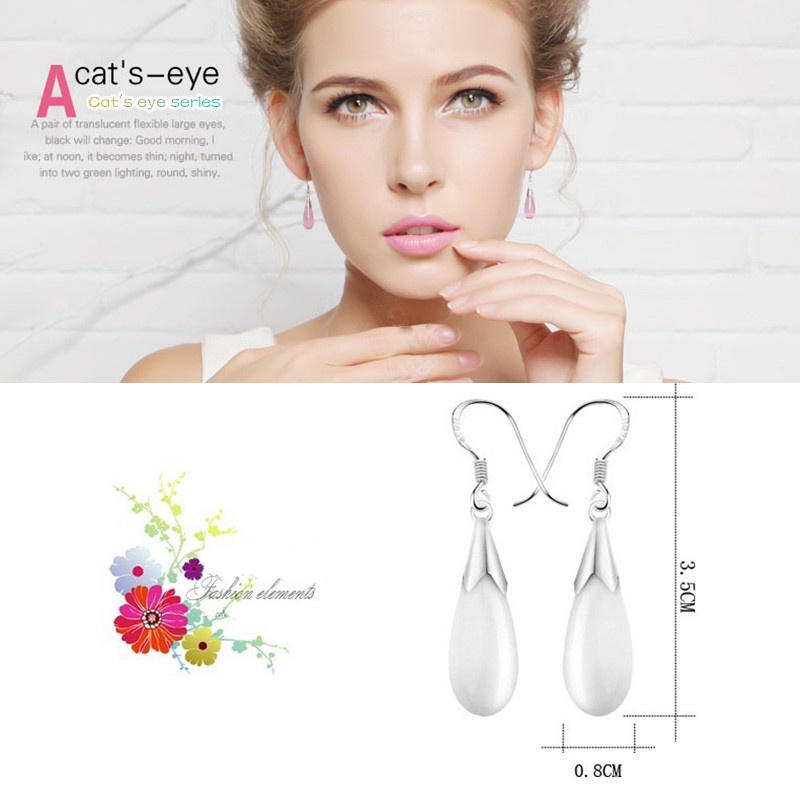Women New Style Water Drop Cat's Eye Drop Earrings 925 Silver Plated Zircon Women's Hypoallergenic Hook Earrings