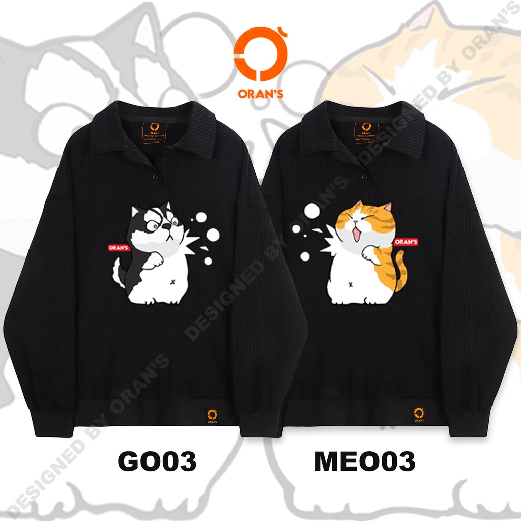 Áo Sweater Polo dài tay in hình chó mèo 03 chất nỉ cotton da cá cao cấp form rộng unisex - ORAN'S SWEATER POLO