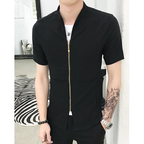 Áo sơ mi, Áo sơ mi nam cộc tay cổ phối khóa độc lạ, trẻ trung, phong cách chất vải mềm  mát N19