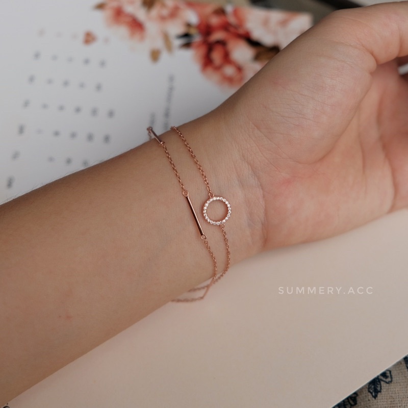 Vòng tay bạc 925 SUMMERY mặt tròn dây đôi 2 tầng lắc tay S925 mạ vàng hồng