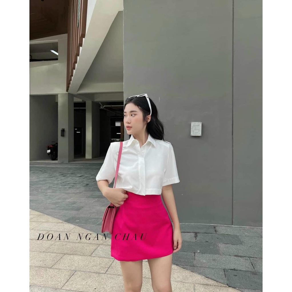 Sét áo và chân váy nữ áo kiểu sơ mi croptop kèm chân váy mini có lót trong