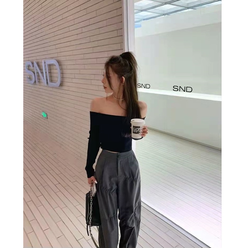 Áo sweater Dệt Kim Mỏng Ngắn Trễ Vai Màu Xanh Lá Thời Trang Mùa Xuân Cho Nữ