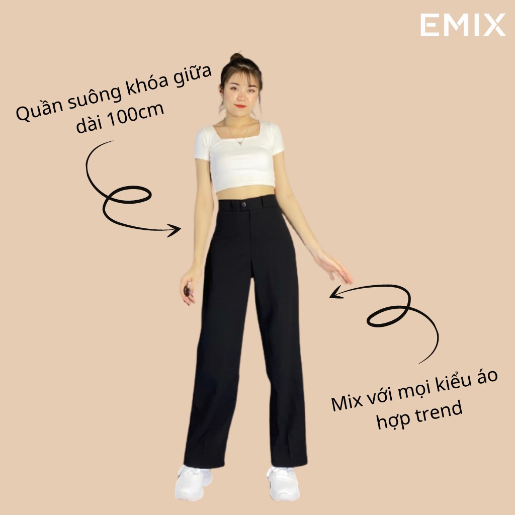 Quần tây nữ công sở ống suông EMIX (màu đen), khóa giữa, dáng dài 97cm, cạp cao, vải tuyết mưa dày dặn, mềm mại 0995 | BigBuy360 - bigbuy360.vn