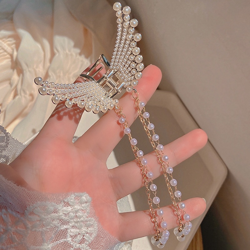 Kẹp tóc càng cua cánh thiên thần ngọc trai nhân tạo có tua dua sang chảnh kẹp tóc công chúa Lémi accessories