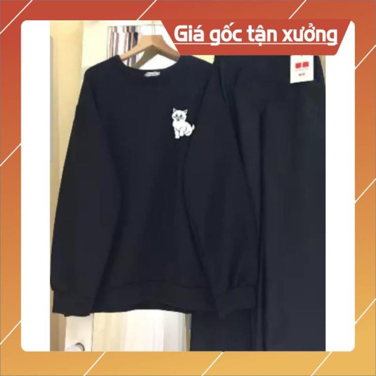 Bộ Set nữ Quần ống rộng vải sạn + Áo Sweater  mèo con Unisex Nỉ lót bông chuẩn ảnh - Bộ Nỉ Đôi - Set Nỉ Đẹp HotTrend