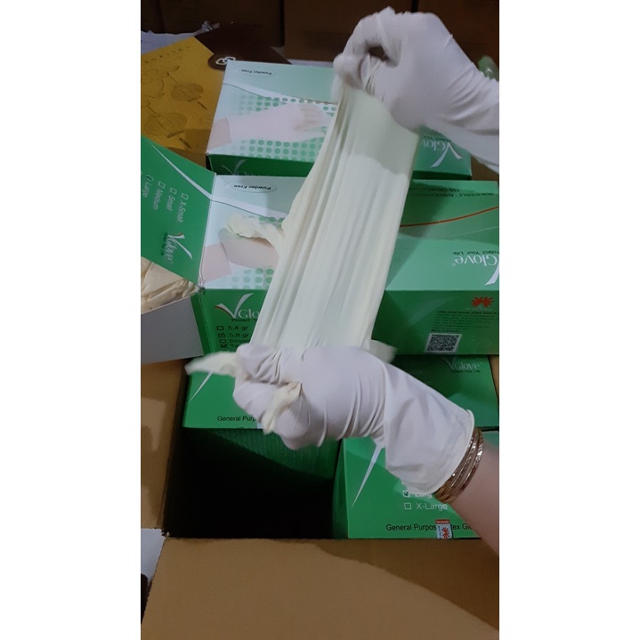TEM CHÍNH HÃNG 1 thùng Găng tay cao su thiên nhiên Latex không bột Vglove Khải Hoàn (hộp 100 chiếc) các size S,M,L