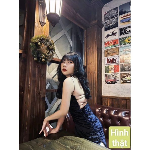[FREESHIP] Đầm nhung đen đan dây hở lưng xẻ tà sẵn mút ngực mặc đi chơi đi tiệc sang trọng sexy
