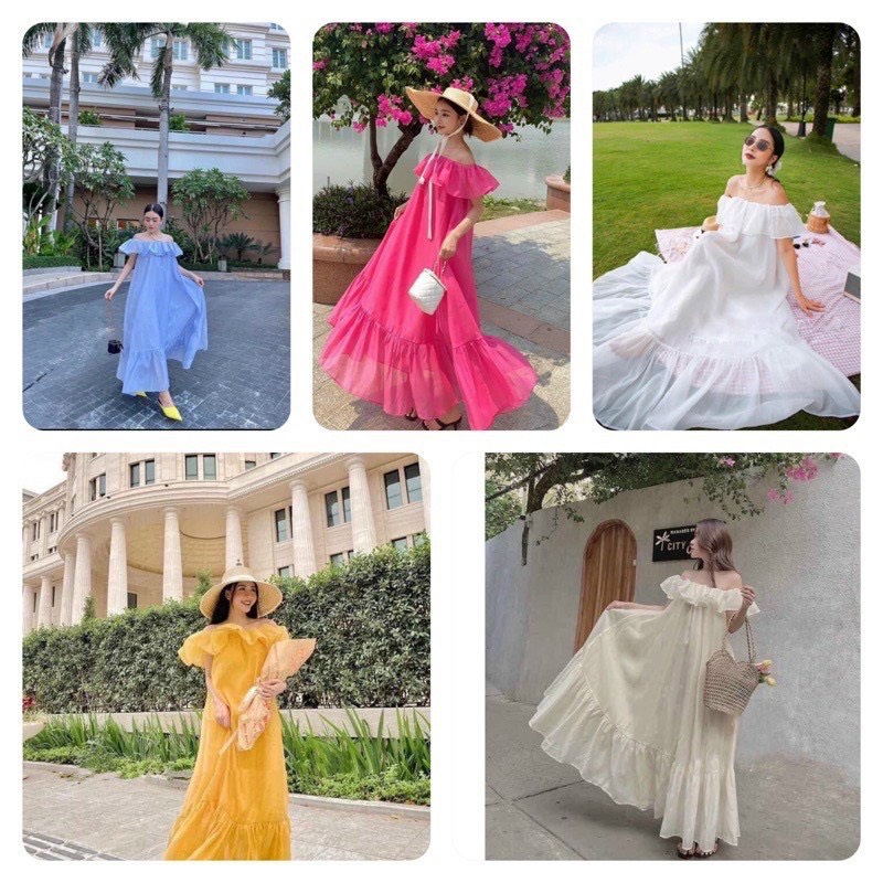 Đầm bẹt vai dáng suông màu vàng, hồng, xanh, tím SELENA110