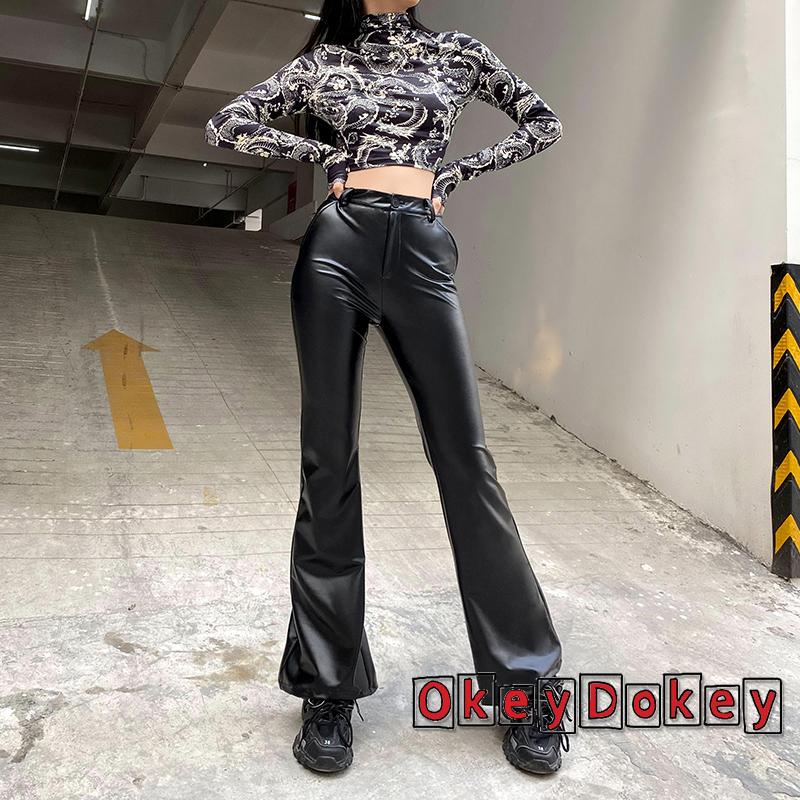 Quần Dài Lưng Cao Ống Loe Bằng Da PU Màu Trơn Thời Trang Quyến Rũ Cho Nữ