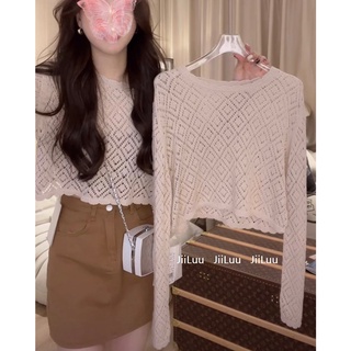 Áo móc len trám tay dài cổ tròn