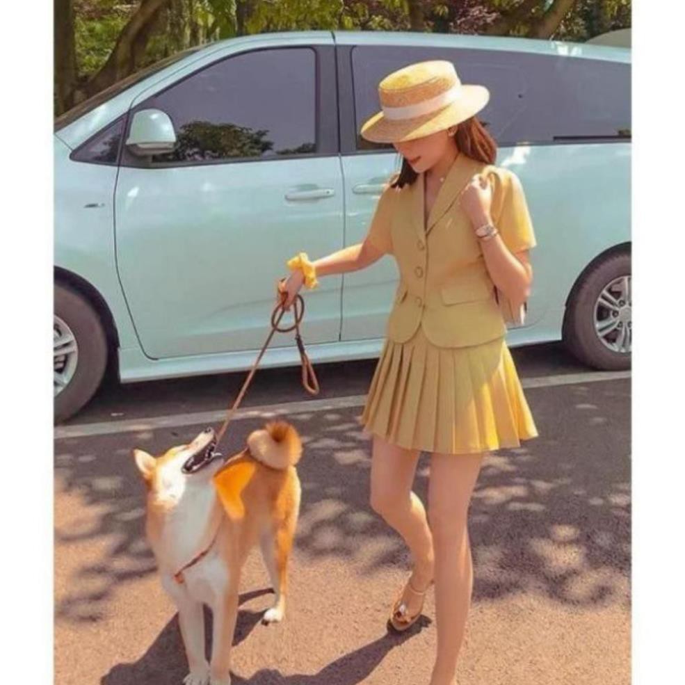 Bộ vest nữ kèm chân váy xếp ly siêu xinh, cổ sam, tay ngắn phong cách Hàn Quốc, có nhiều màu | BigBuy360 - bigbuy360.vn