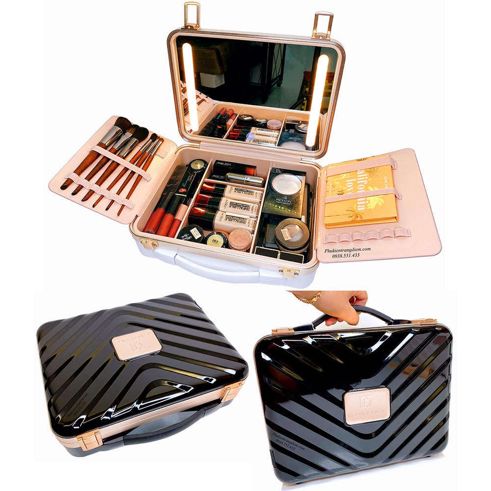 [Size 30cm] Cốp Mini Make Up Cá Nhân Có Gương Đèn LED Beauty Case