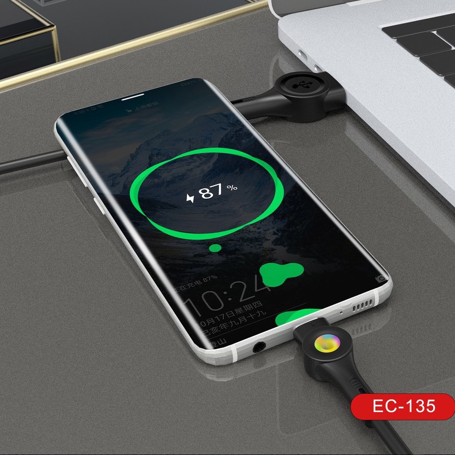 Cáp Sạc Nhanh 3A Có Đèn Led EC - 135, cáp nhựa chính hãng cao cấp