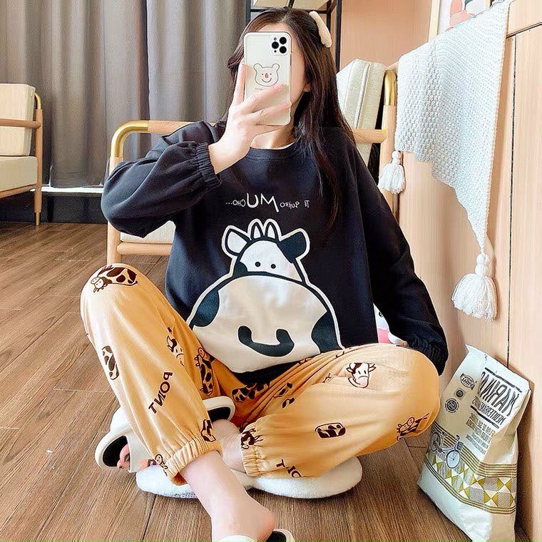 Set bộ đồ dành cho nữ, in hình bò sữa dễ thương, áo dài tay quần dài chất thun cotton mềm mại mát mẻ