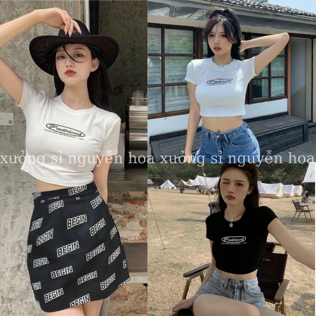 Áo croptop nữ padblook ngắn tay ôm body 2 màu trắng đen siêu hot hit Xưởng Sỉ Nguyễn Hoa