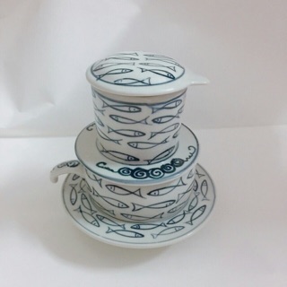 Phin pha cafe  gốm sứ Bát Tràng cao cấp vẽ hoạ tiết cá đàn