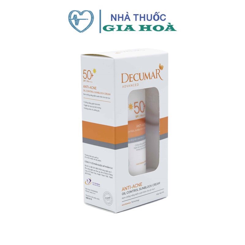 Kem chống nắng kiểm soát nhờn da dầu, mụn Decumar Sunblock Cream SPF 50+ (Decuma / Dercuma / Dercumar / Dercuma)
