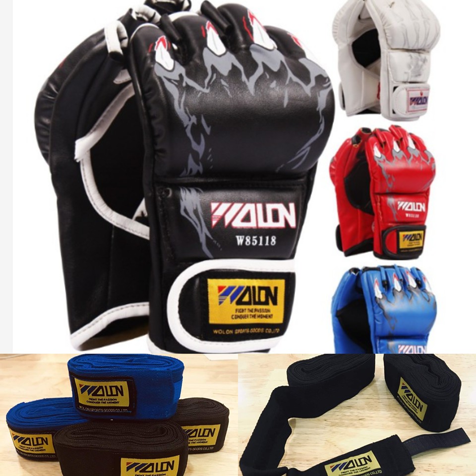 Găng Tay Võ Thuật MMA Hở Ngón + Băng Da Cuốn Tay Walon Chính Hãng - Thiết bị tập đấm bốc tốt nhất