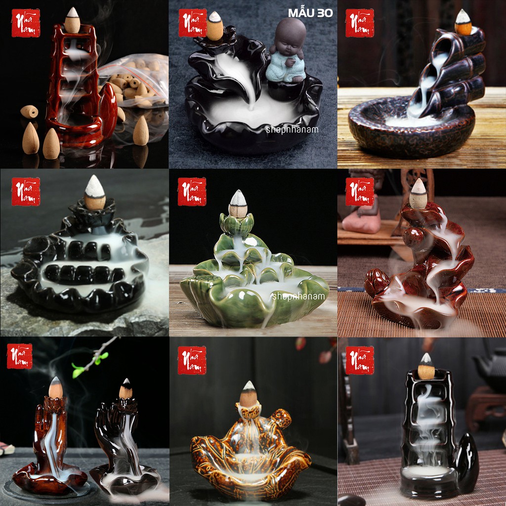 Thác khói nụ trầm hương Tháp xông trầm đốt nhang tiểu cảnh, chú tiểu, ao sen tặng 1 nụ trầm