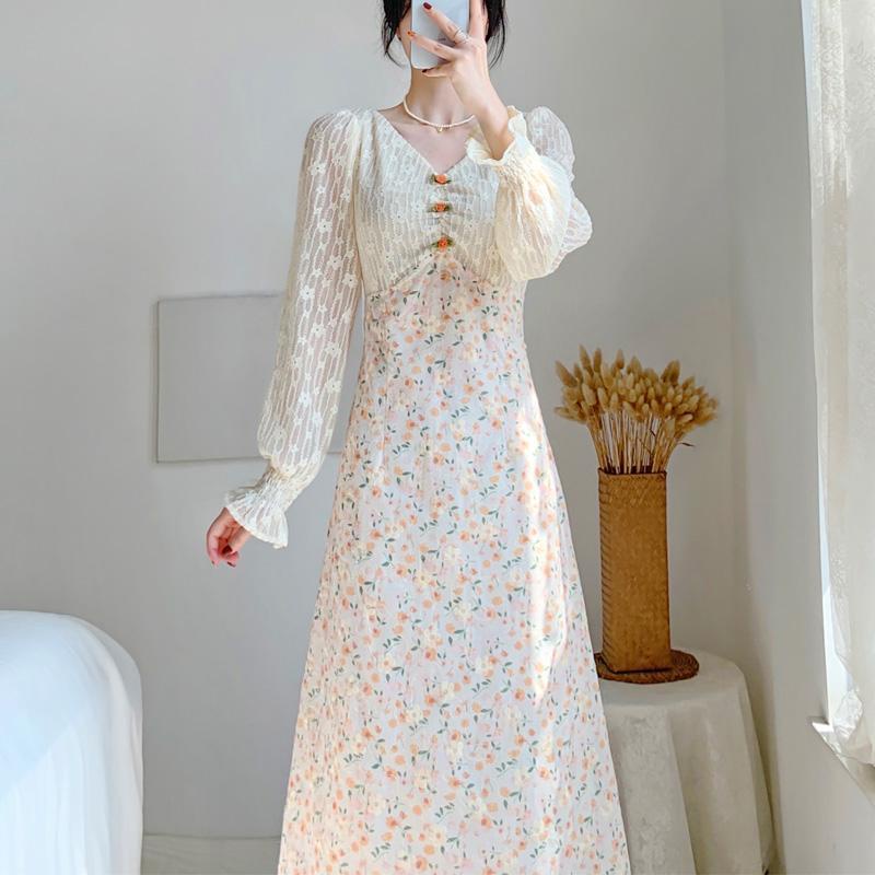 Đầm Hoa Dáng Dài Cổ Chữ V Phong Cách Pháp Thanh Lịch Cao Cấp Cho Nữ
