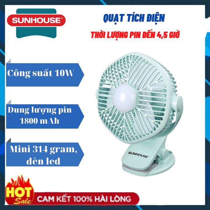 Quạt Mini Kẹp bàn Sunhouse SHD7111 Tích Điện Công suất 10W, Kẹp Bàn Chắc Chắn