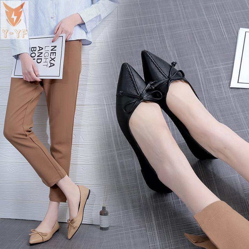 [High quality]2021 spring new sweet bow women's shoes shallow mouth flat shoes ladies black work shoes grandma shoes women