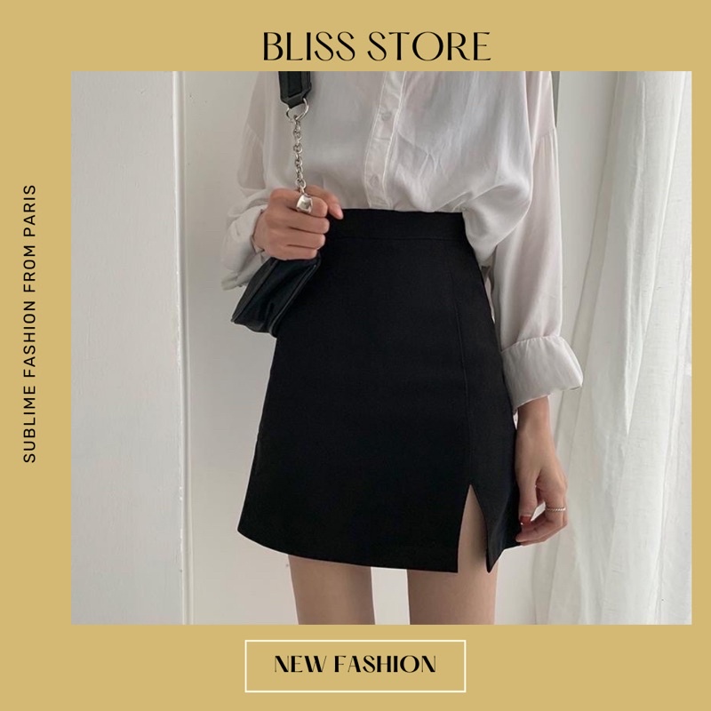 Chân váy chữ a ngắn trơn đen xẻ 1 bên