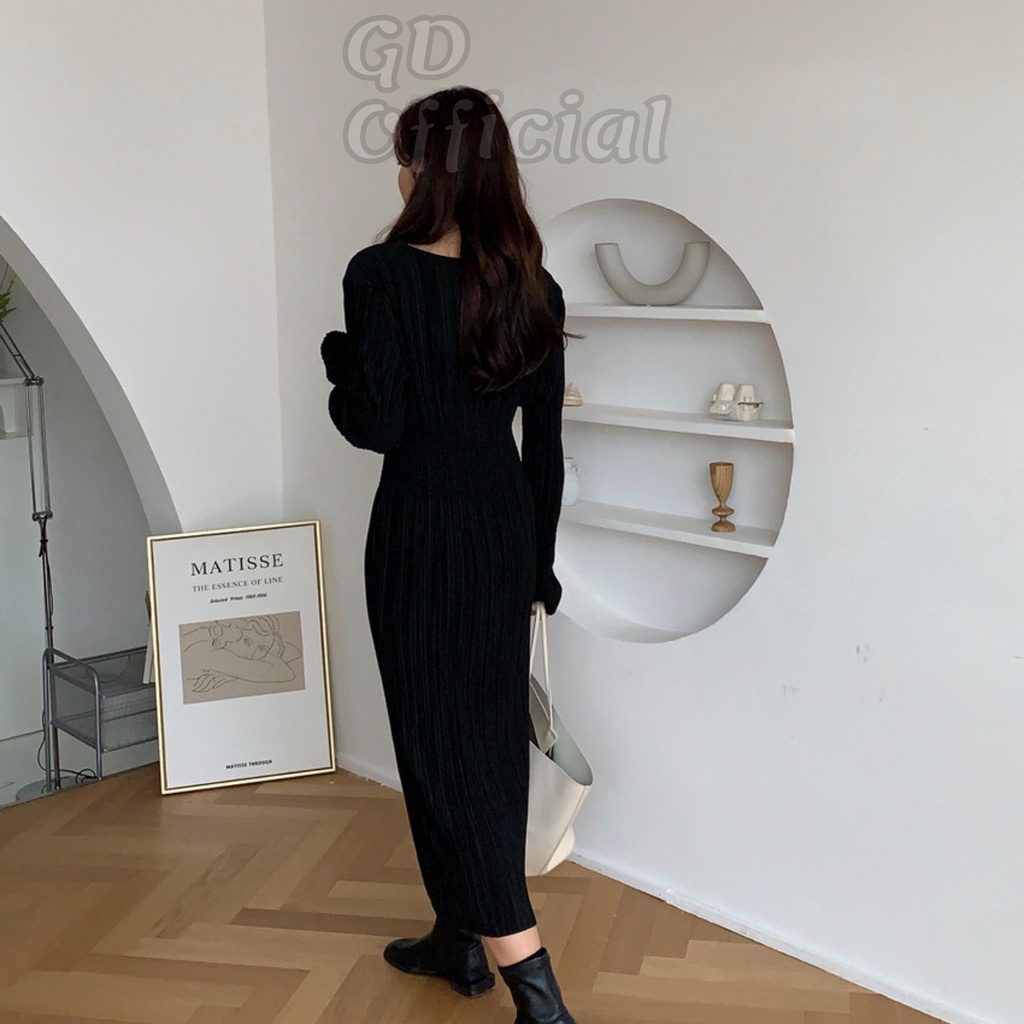 D44|Đầm nữ cổ tròn thiết kế nếp gấp thun co giãn dài tay bo thun thắt lưng thanh lịch, đơn giản màu đen GD Official