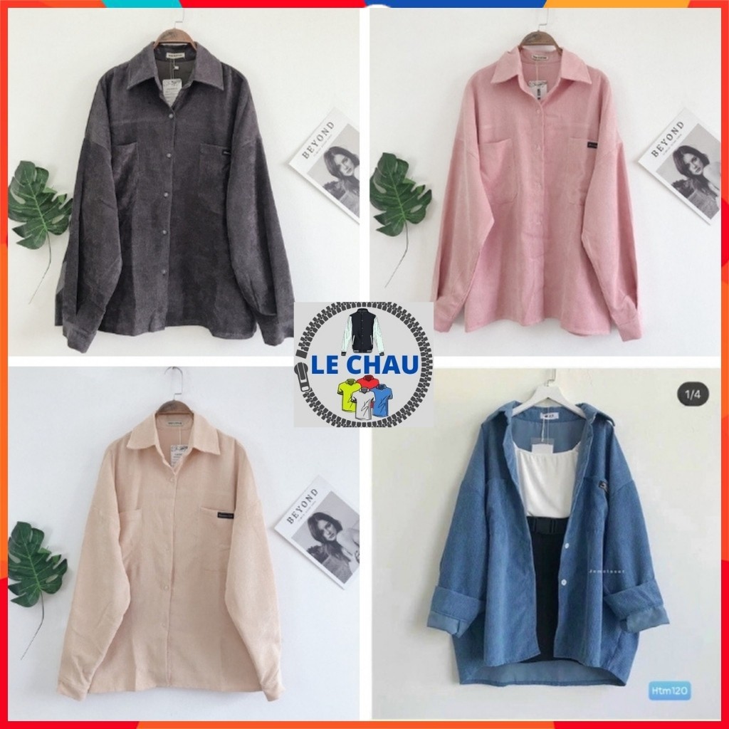 Áo khoác nhung tăm unisex form rộng phong cách sơ mi ulzzang street style nam nữ AKSMN01 LECHAU rẻ đẹp chất