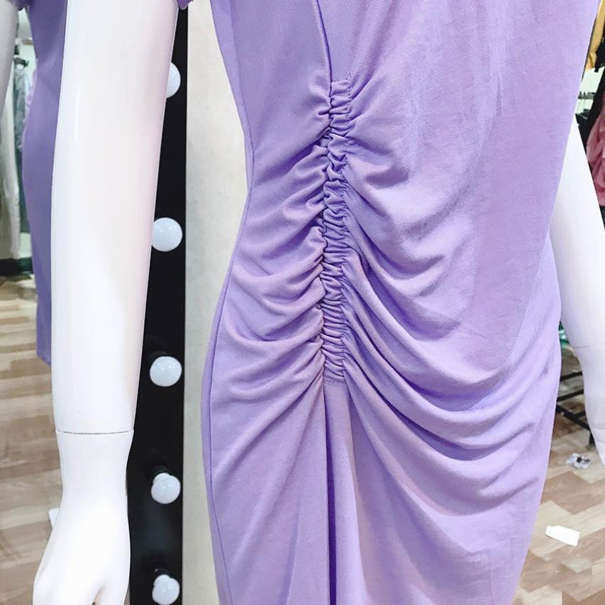 Đầm thun nhún eo màu tím hàng Quảng Châu cao cấp