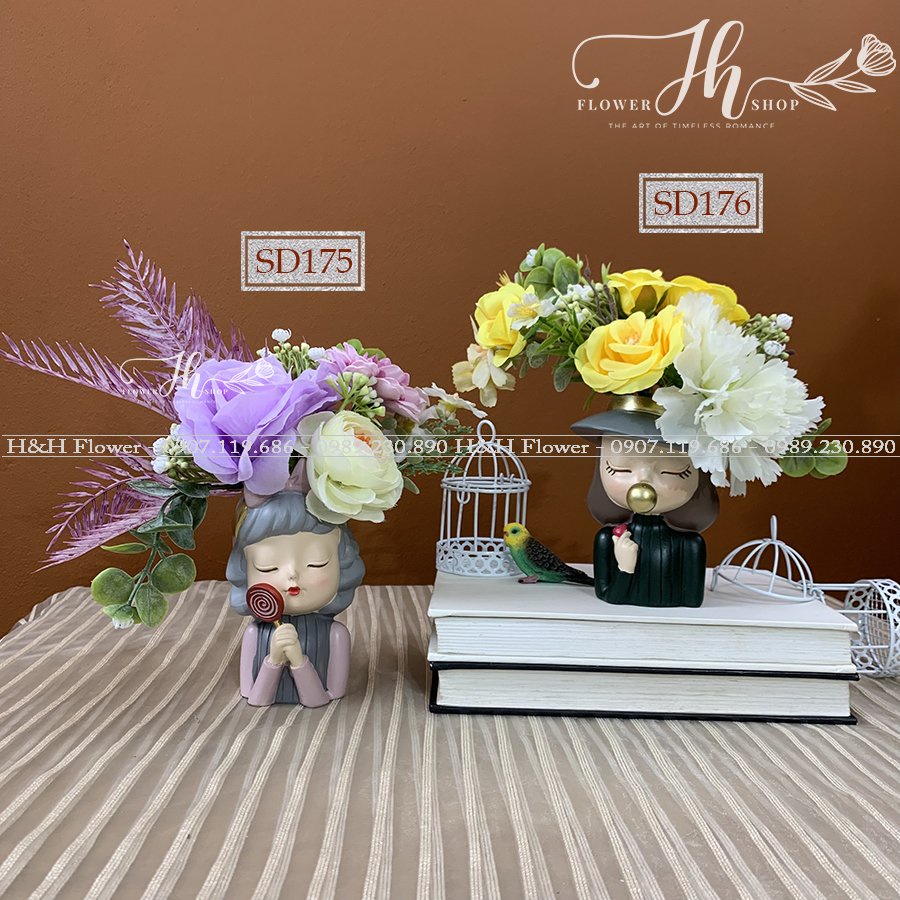Lọ Hoa Cô Gái Mini, Hoa Để Bàn Xinh Xắn - Hoa Lụa Cao Cấp H&H Flower