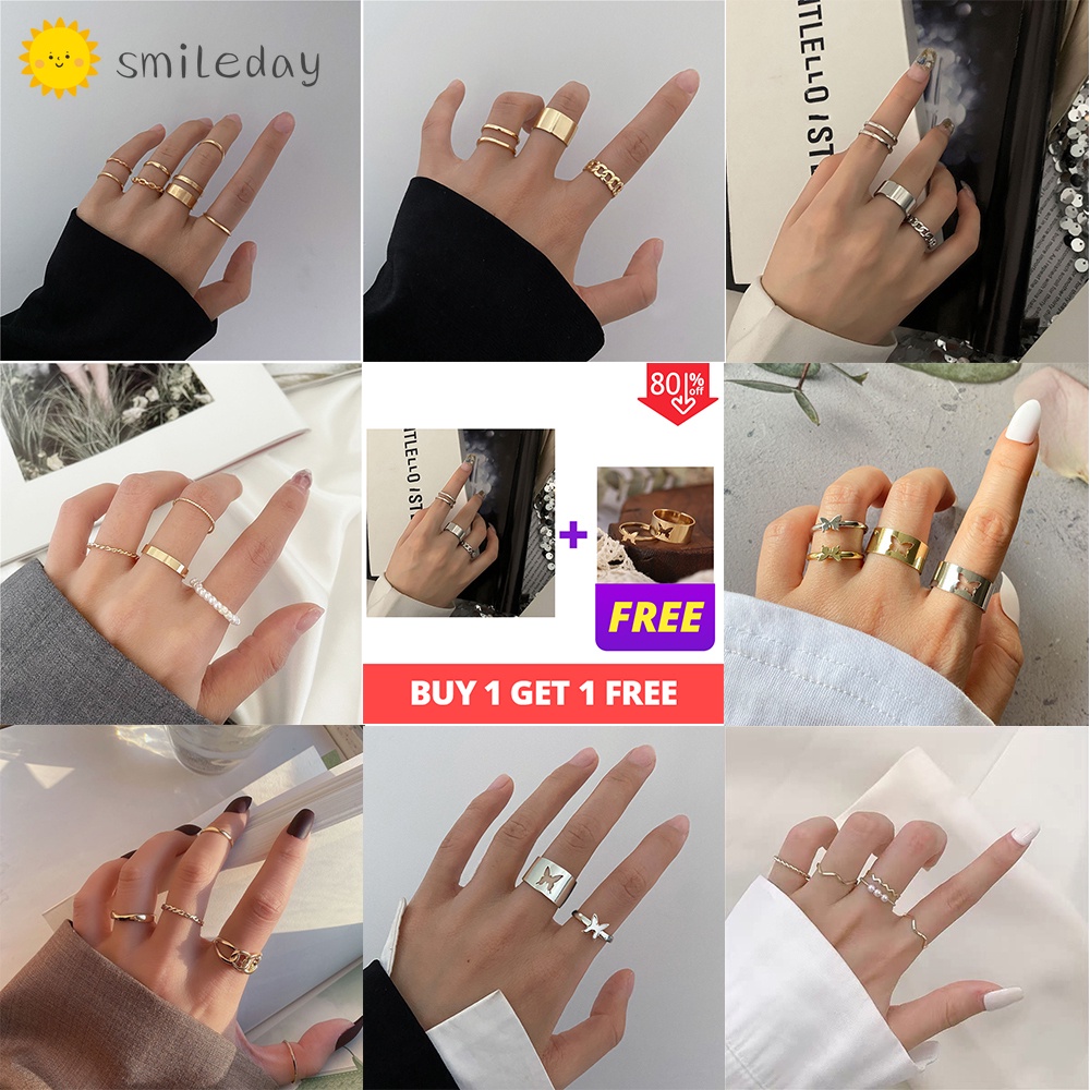 Set nhẫn Smileday hình bướm đính ngọc trai thời trang cho nữ/cặp đôi