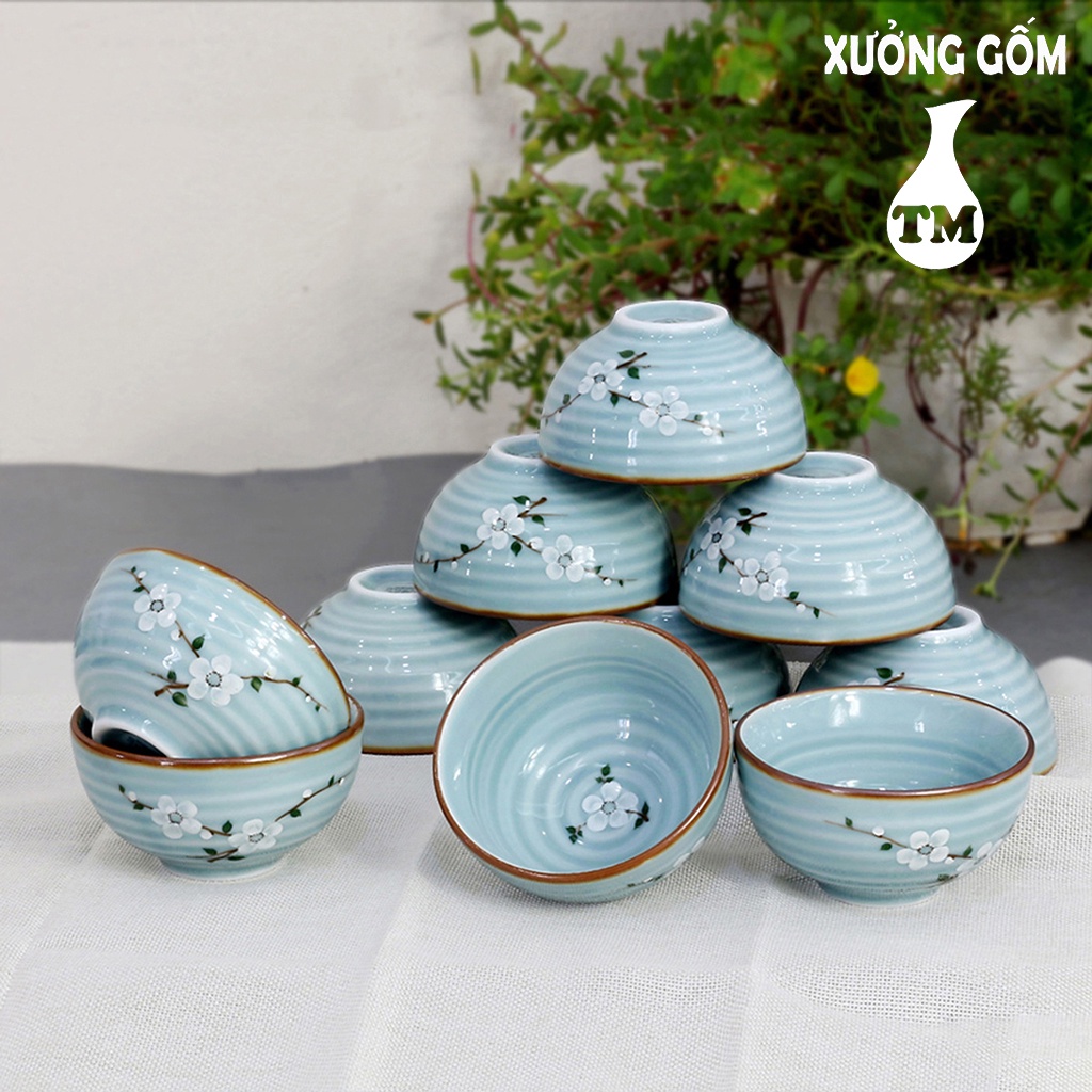 Bộ Bát Chén Ăn Cơm Men Kem Họa Tiết Hoa Sen-Đào Vẽ Tay Xưởng Gốm TM Bát Tràng