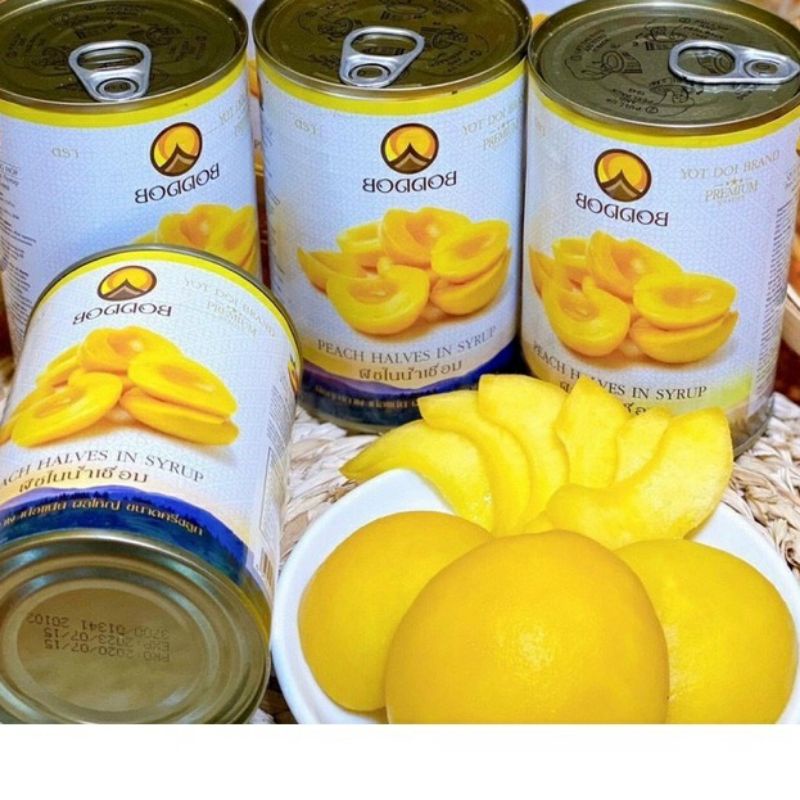 Trái Đào ngâm nước đường Boddob Thái lon 820g. Yellow Peach Halves in syrup. Nguyên liệu trà đào, trà sữa, bánh kem