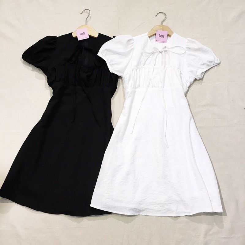 Váy ngắn nhún ngực cổ cột nơ | BigBuy360 - bigbuy360.vn